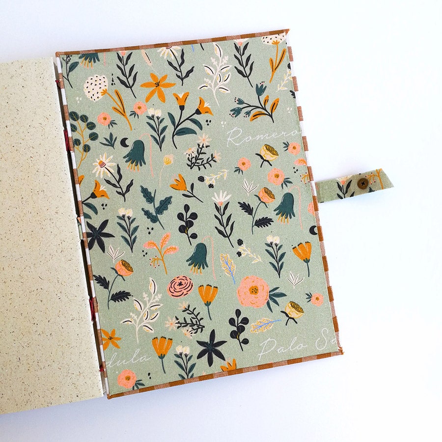 cuaderno a5 tela vichy ocre guarda motivos botánicos